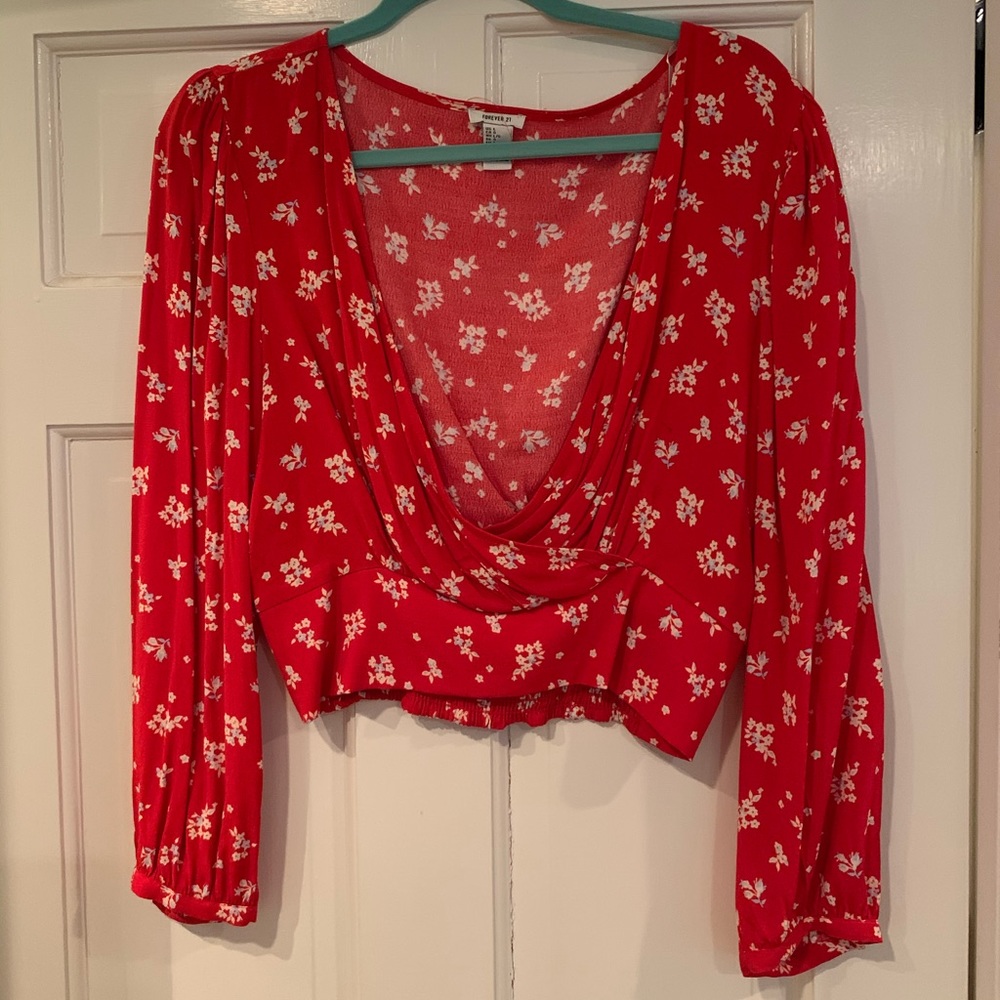 Red Surplice Floral Top